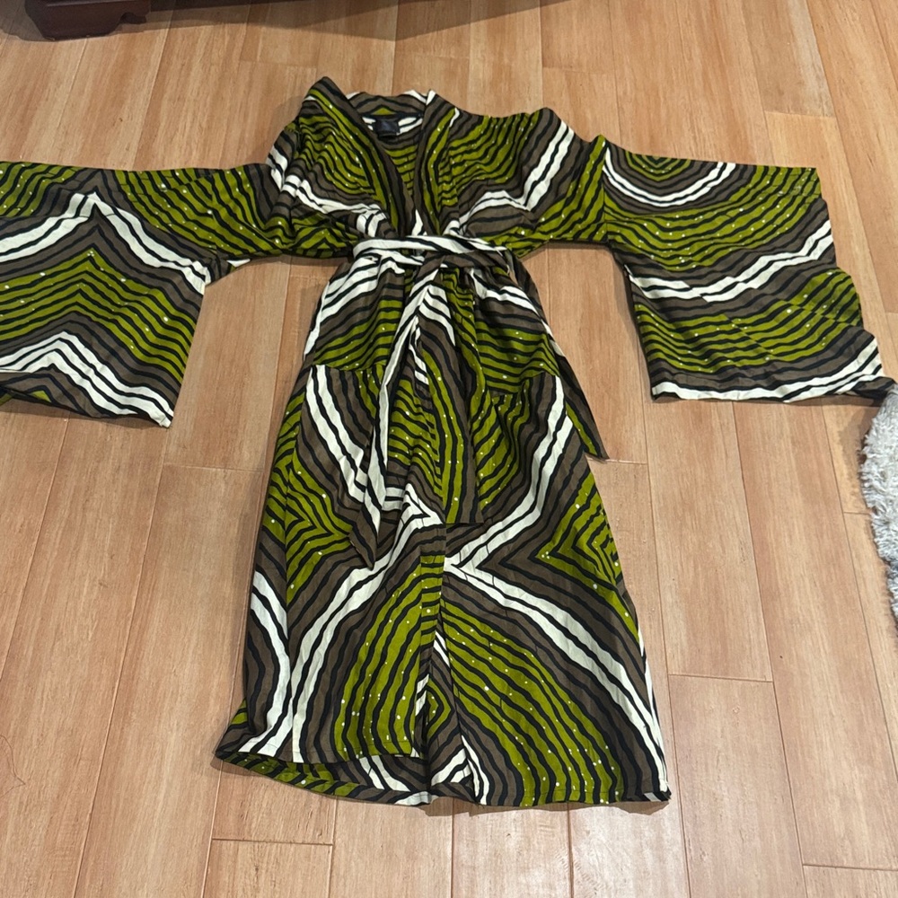 Olive Green Patterned Wrap Dress/Kimono with Belt